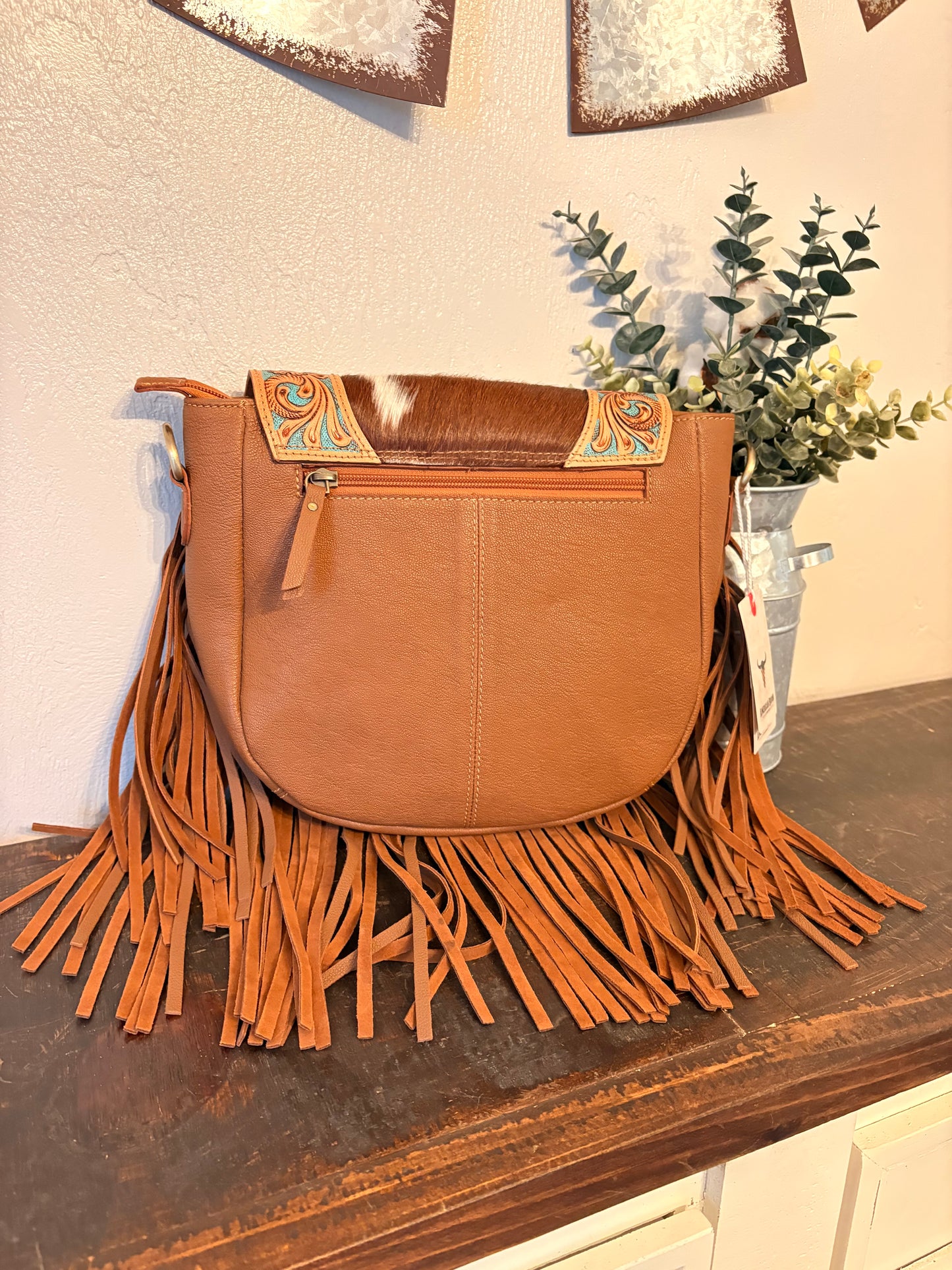 Tooled / Turquoise Leather Crossbody with Cowhide