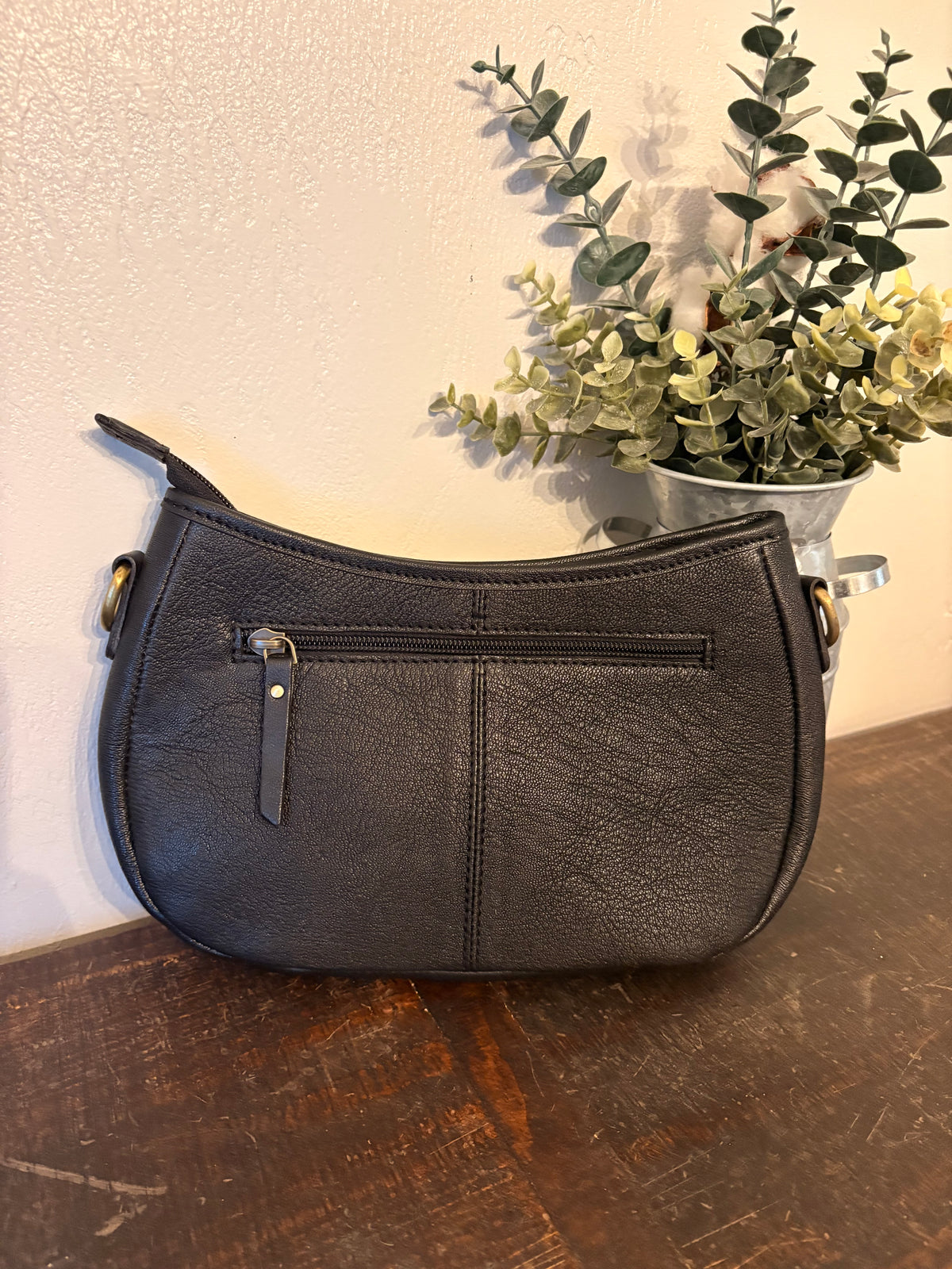 Black Leather Cowhide Stitched Crossbody