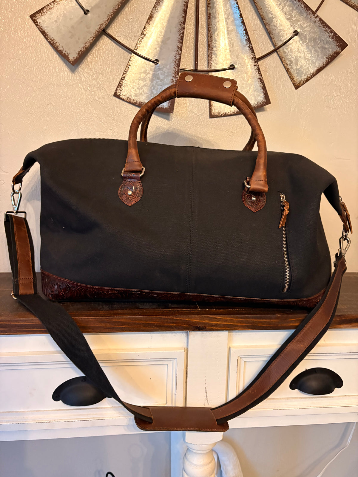 Black Canvas with Tooled Leather Duffle Bag