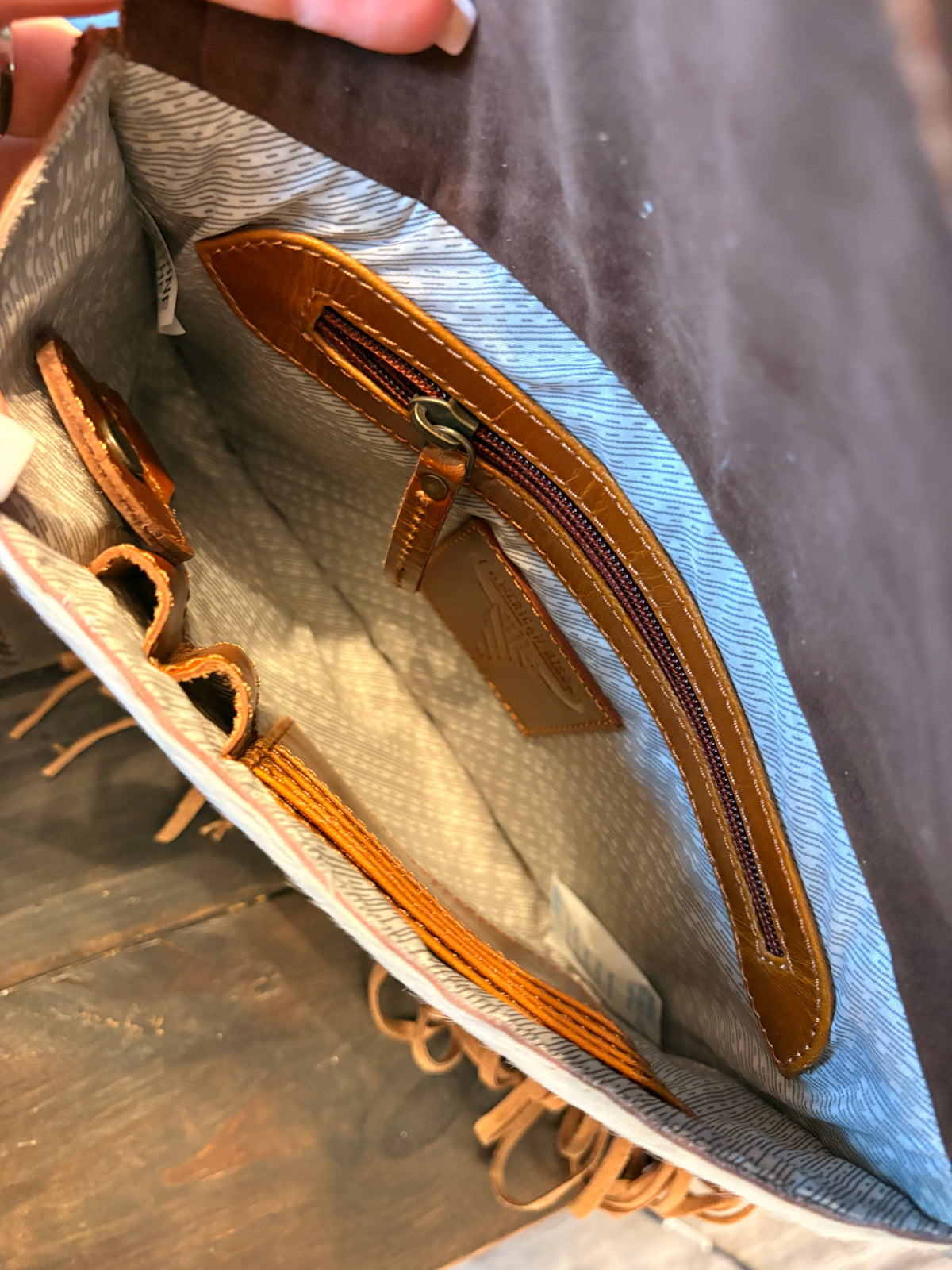 Brown Cowhide / Tooled Leather Crossbody with Fringe