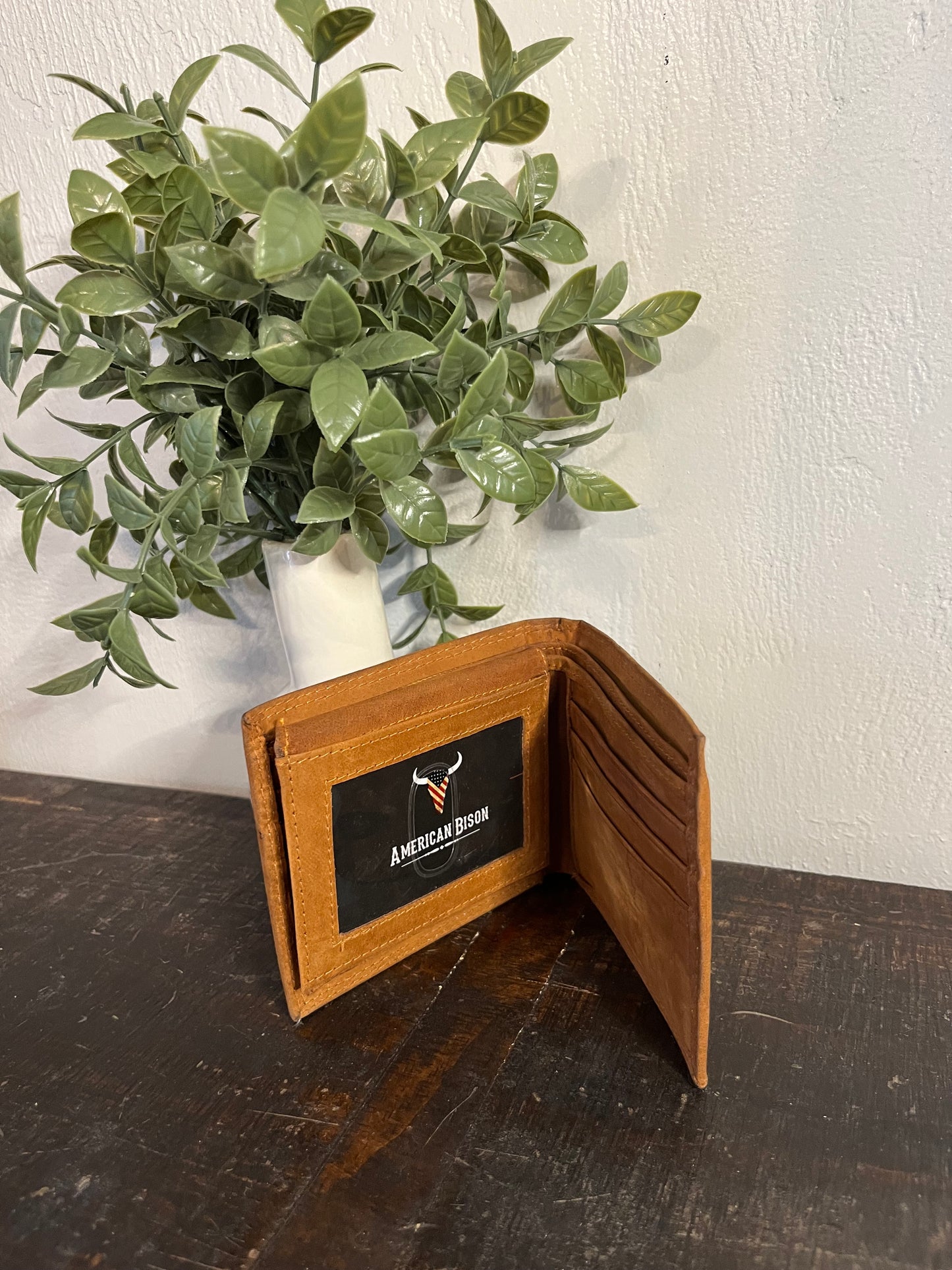 American Bison Leather Wallet with American Flag / Longhorn