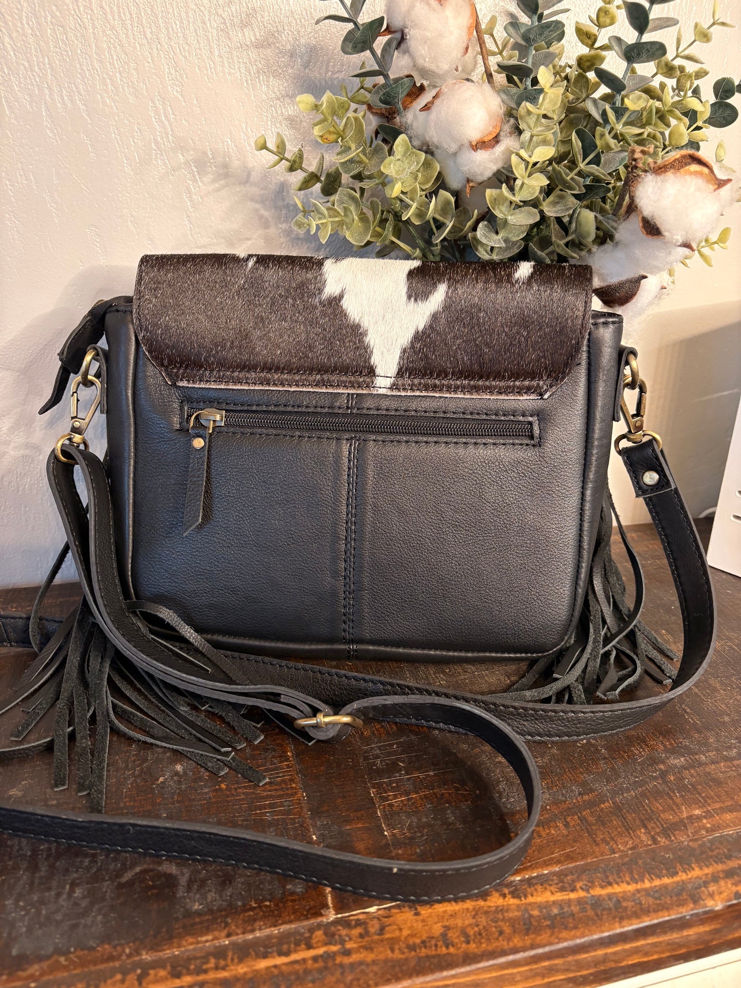 Black Cowhide and Tooled Leather Crossbody