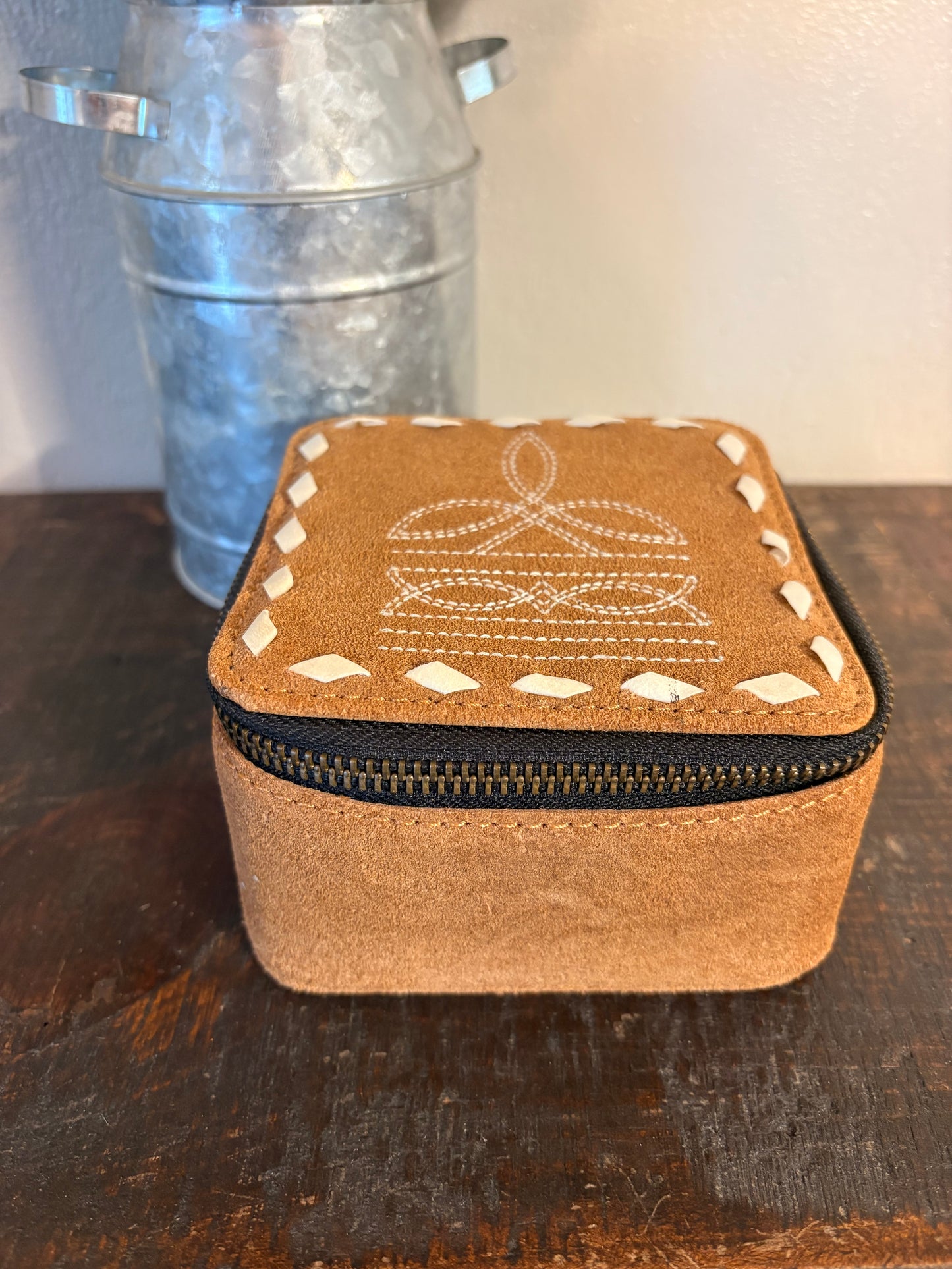 Light Brown Suede Boot Stitch Jewelry Box