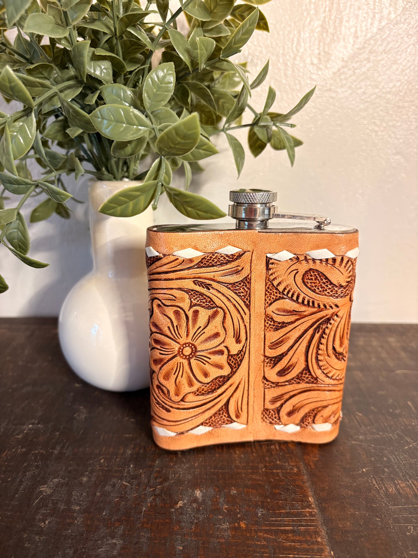 Tooled Leather Flask with Aces