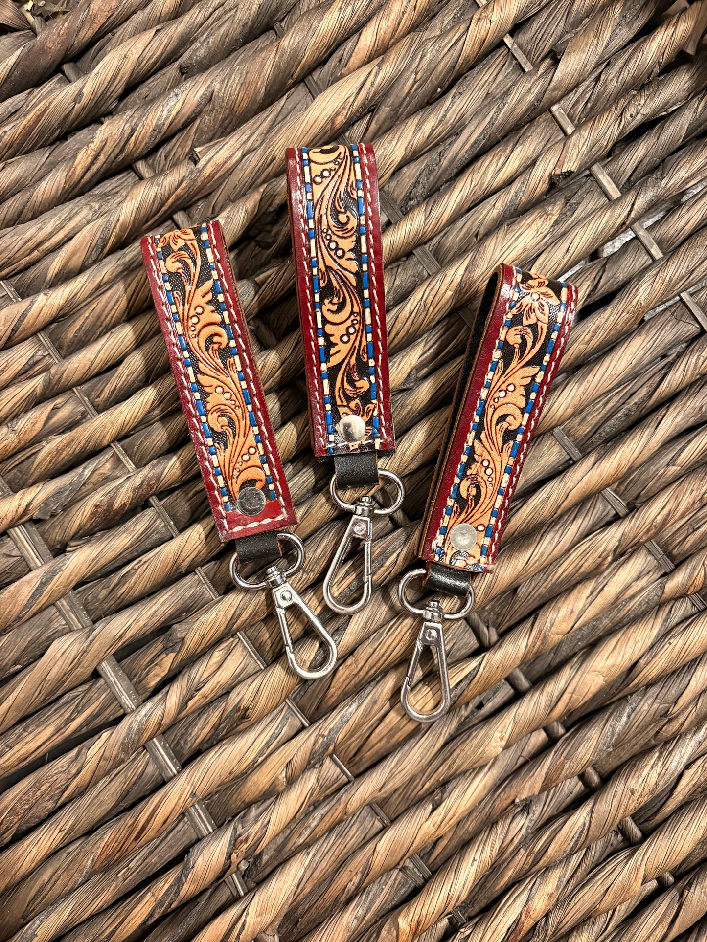 Blue and White Checkered / Tooled Leather Kay Chain