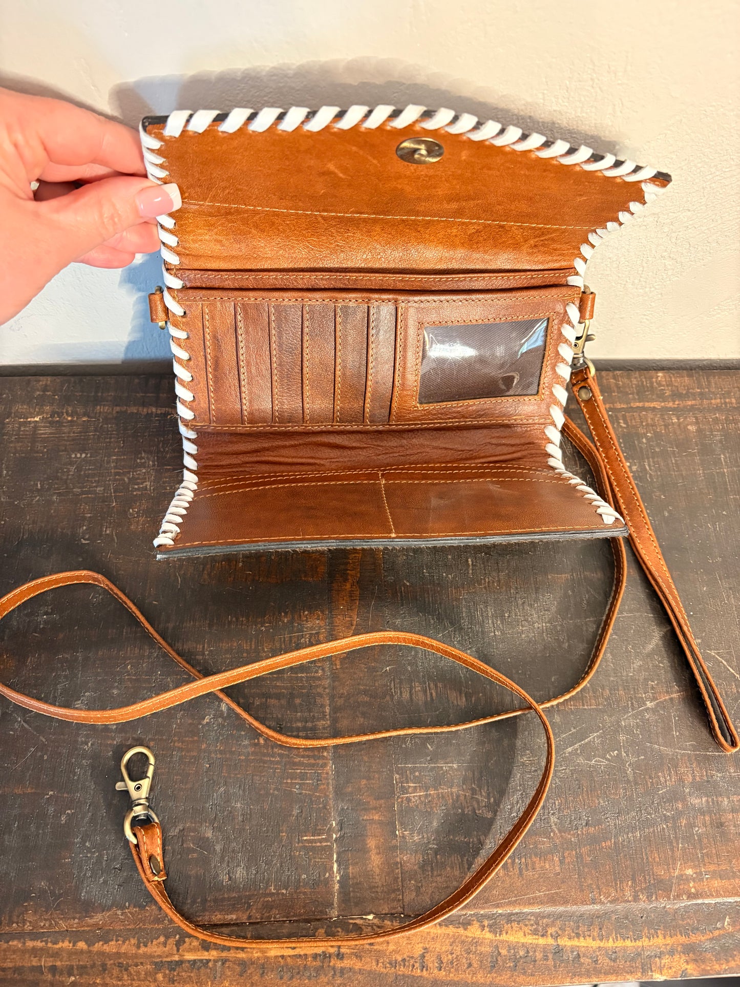 Tooled Leather & Cowhide Wallet / Crossbody / Clutch
