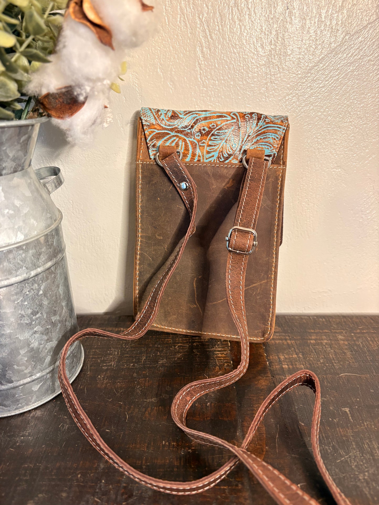 Turquoise Tooled Leather Mini Crossbody