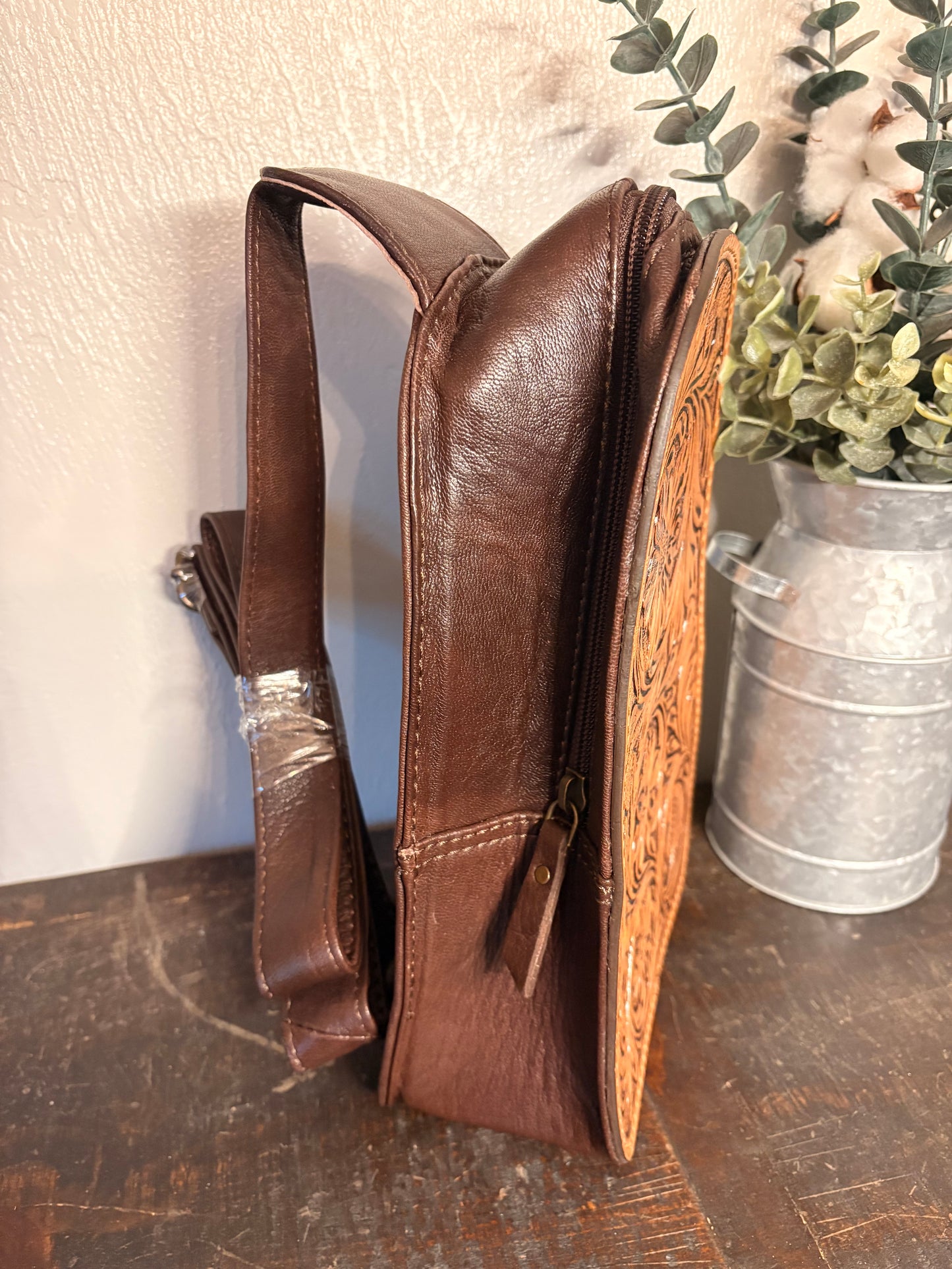 Tooled Leather Sling Bag
