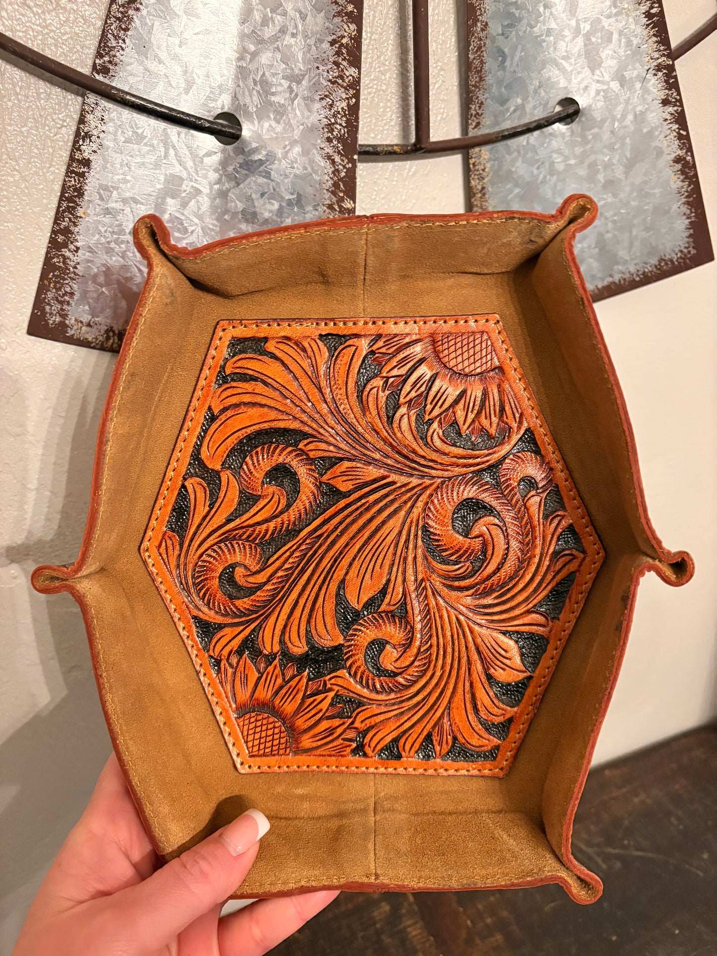6 Corner Tooled Leather Catch All / Tray