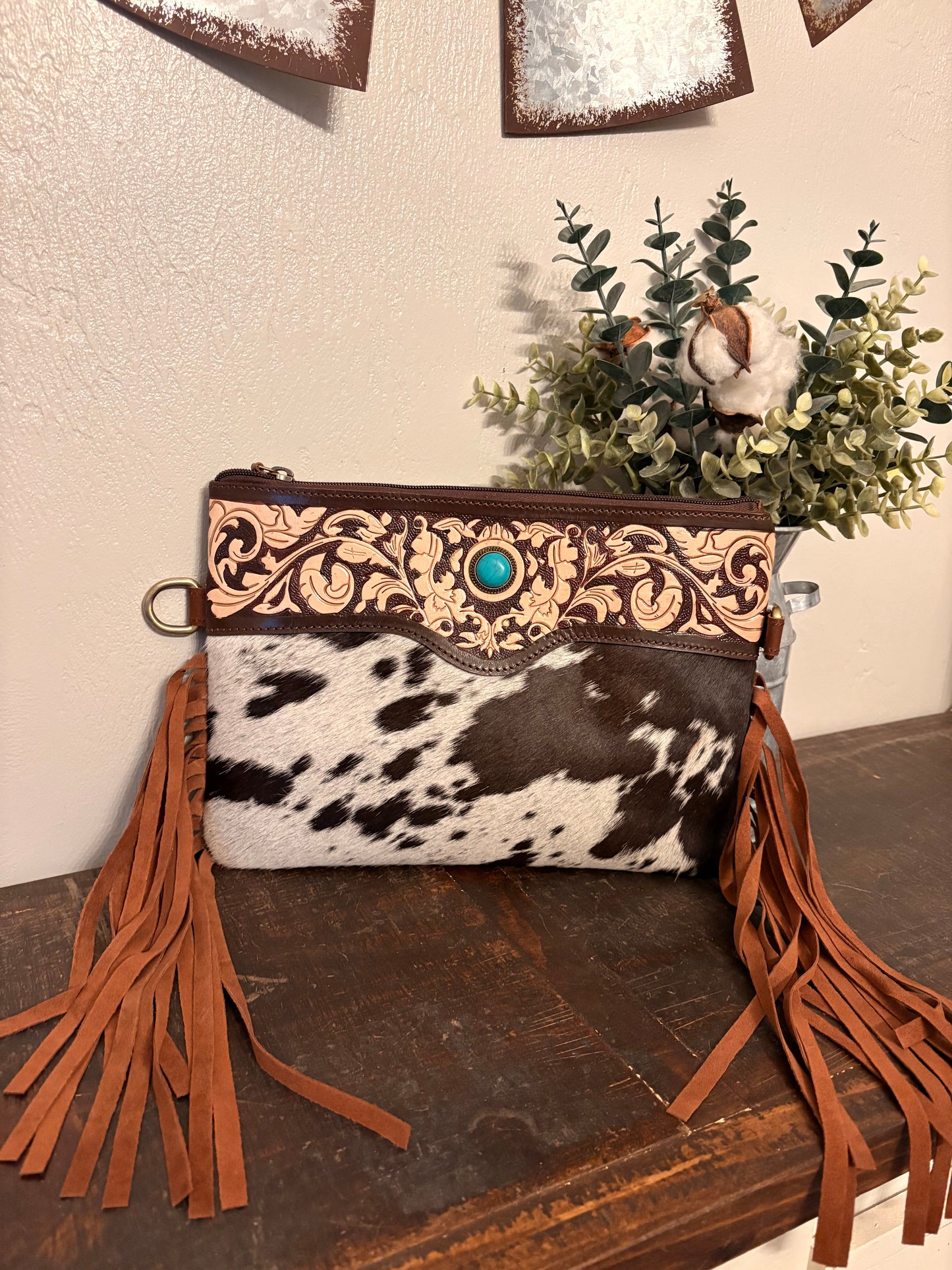 Tooled Leather / Brown & White Cowhide Crossbody
