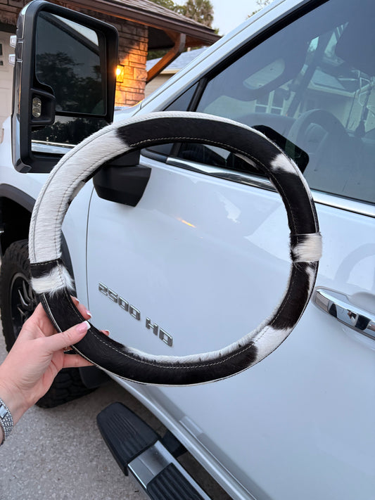 Black and White Cowhide Steering Wheel Cover