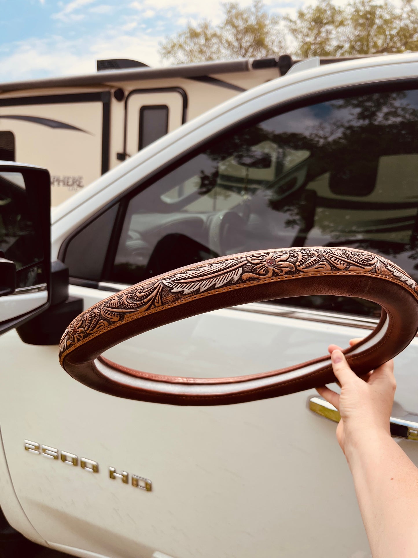 Tooled Leather Steering Wheel Cover w/ Feather & Flower Pattern