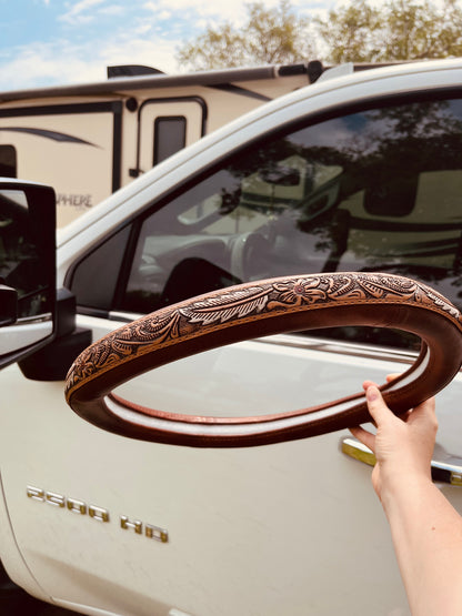Tooled Leather Steering Wheel Cover w/ Feather & Flower Pattern