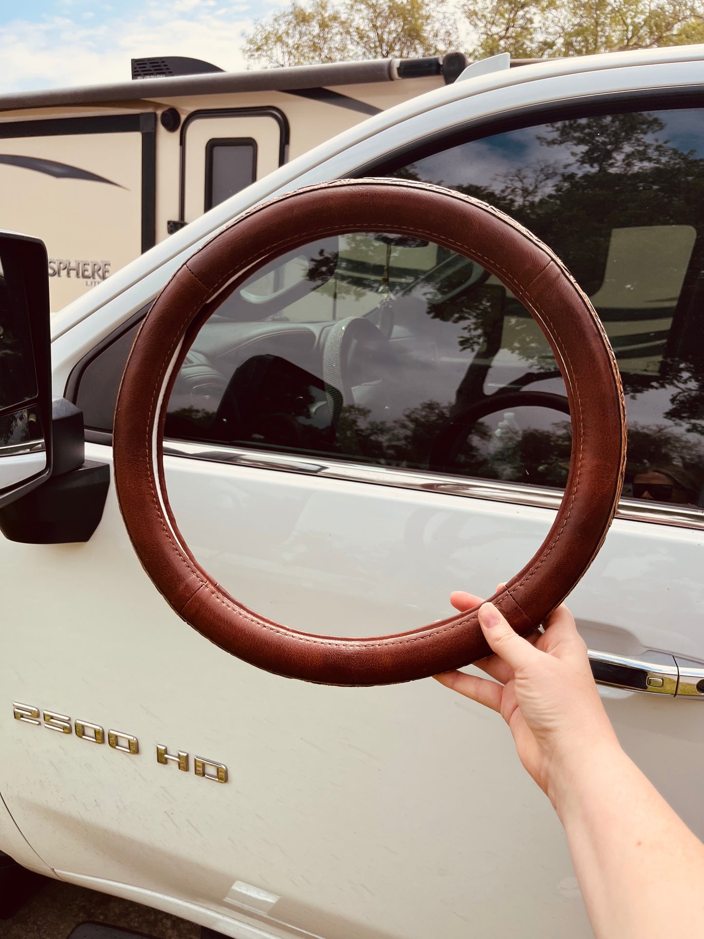 Tooled Leather Steering Wheel Cover w/ Feather & Flower Pattern
