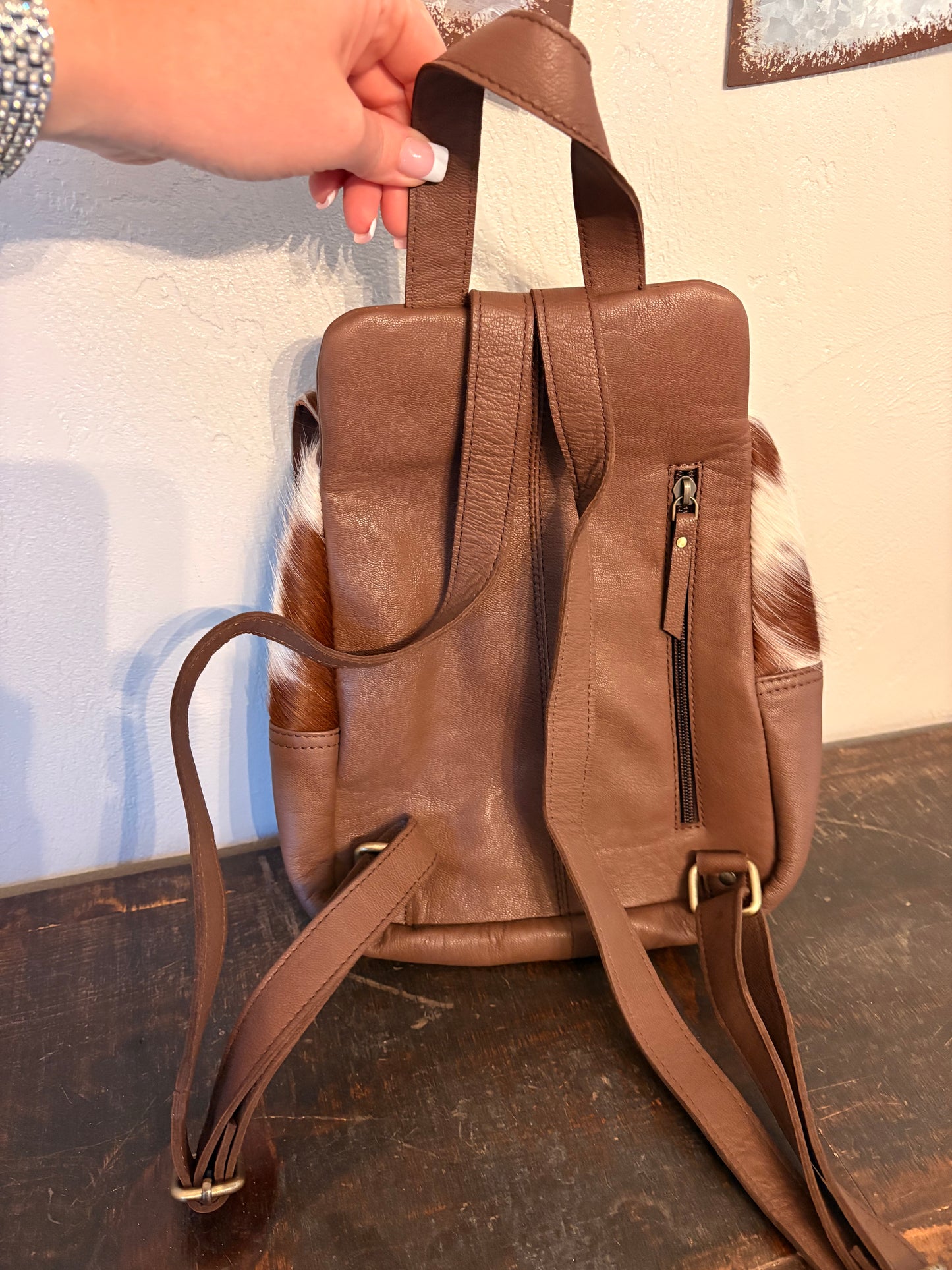 Brown Leather and Cowhide Backpack