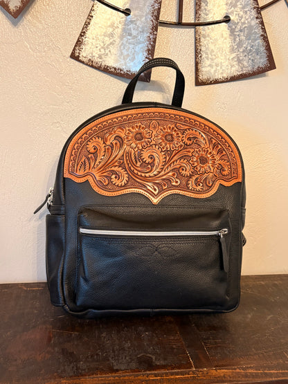 Black Leather Backpack with Tooling