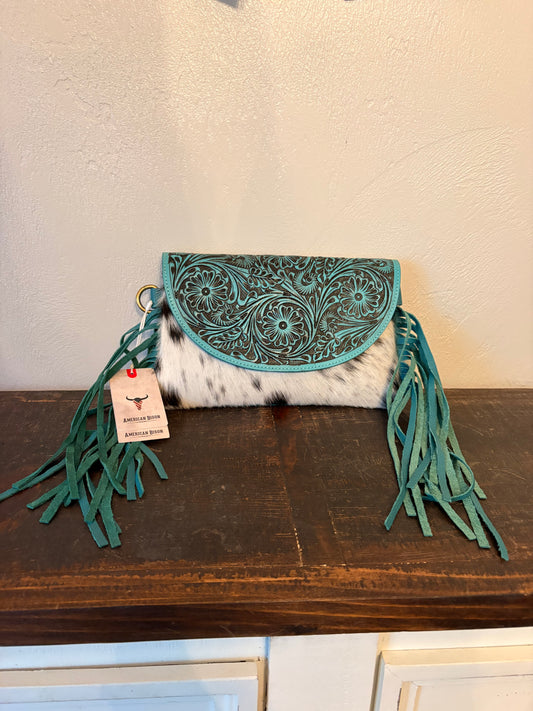 Turquoise Leather and Cowhide Crossbody