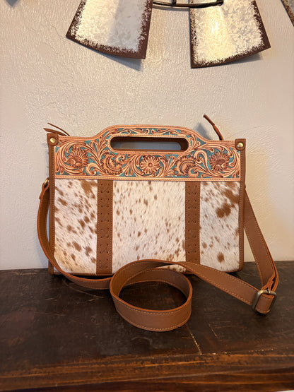 Tooled Leather Crossbody with Cowhide