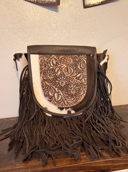 Dark Grey Leather Crossbody with Fringe / Tooled Leather