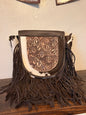 Dark Grey Leather Crossbody with Fringe / Tooled Leather