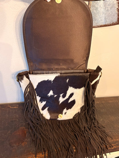 Dark Grey Leather Crossbody with Fringe / Tooled Leather
