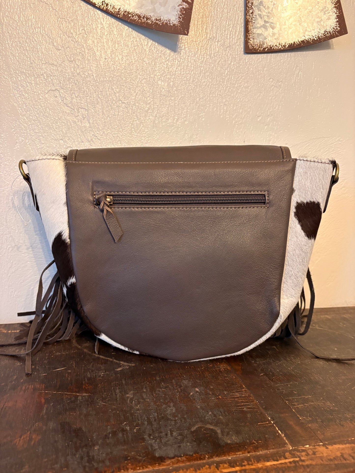 Dark Grey Leather Crossbody with Fringe / Tooled Leather