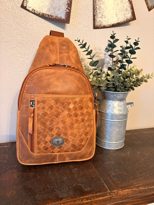 Tan Leather American Bison Sling Bag