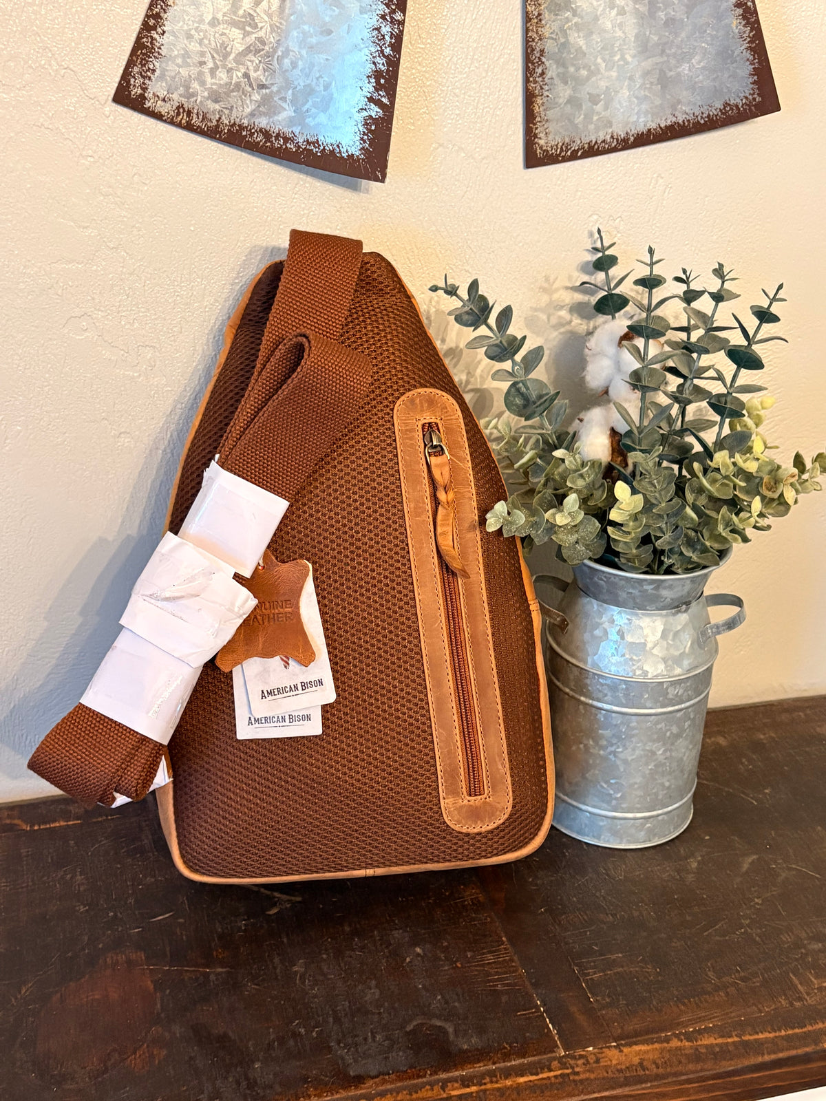 Tan Leather American Bison Sling Bag