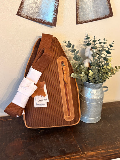 Tan Leather American Bison Sling Bag