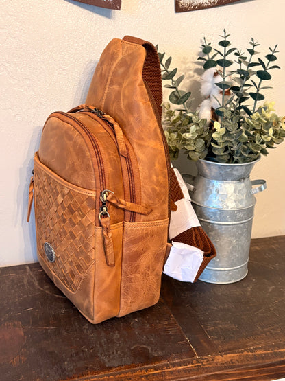 Tan Leather American Bison Sling Bag