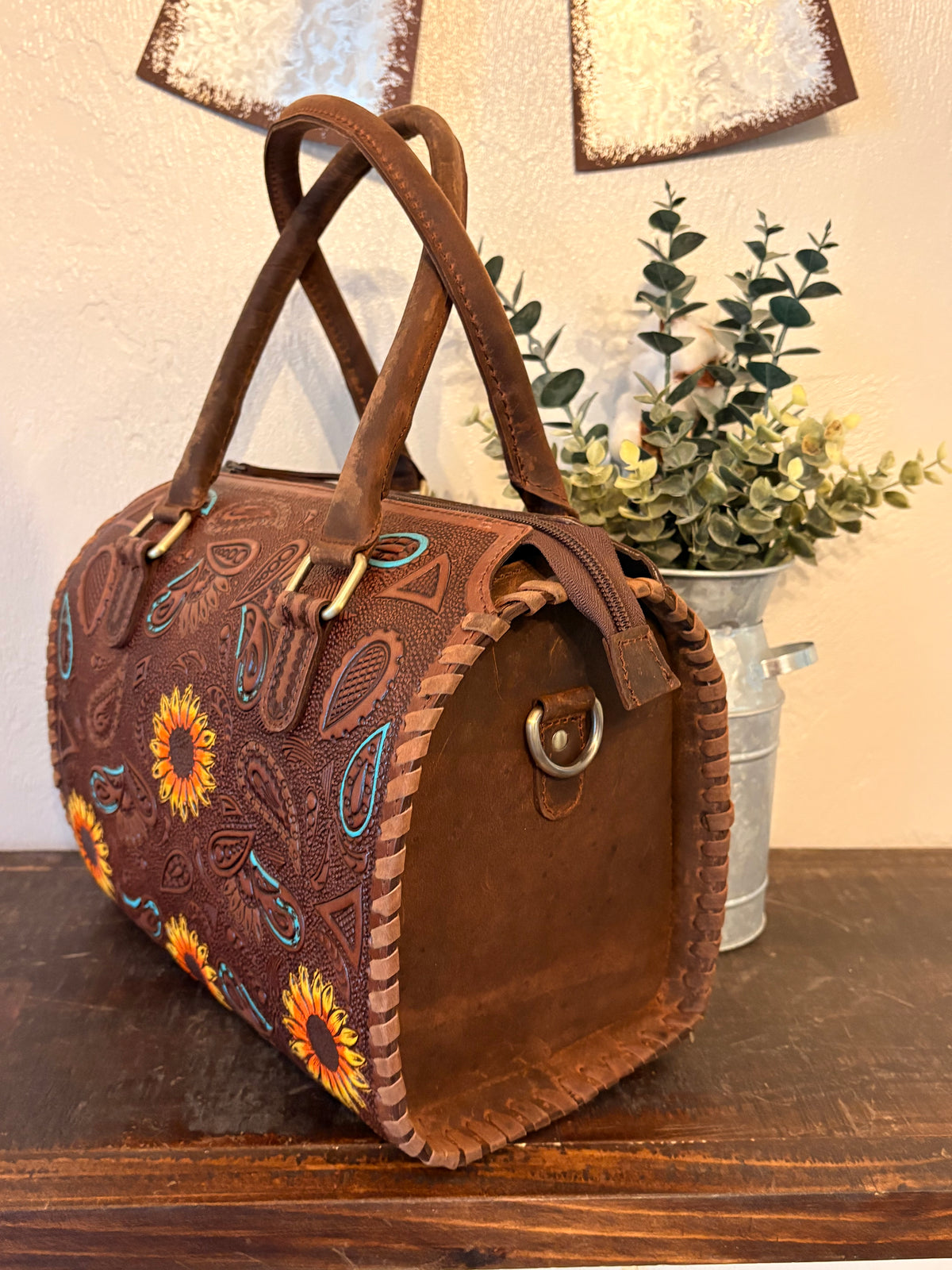 Tooled Leather Sunflower Speedy Bag / Wallet Set