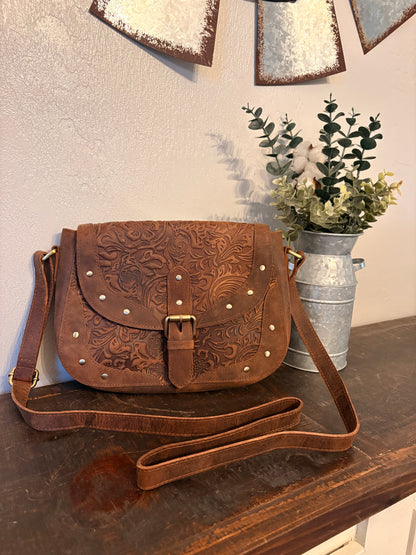 Brown Tooled Leather Crossbody / Wallet Set