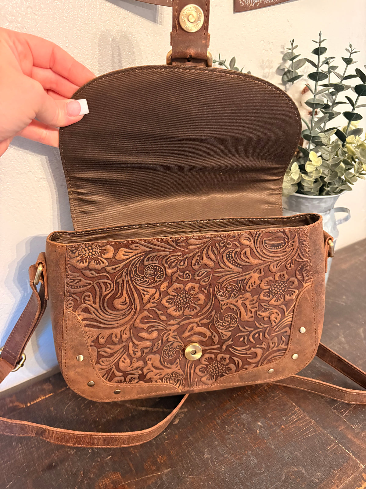 Brown Tooled Leather Crossbody / Wallet Set