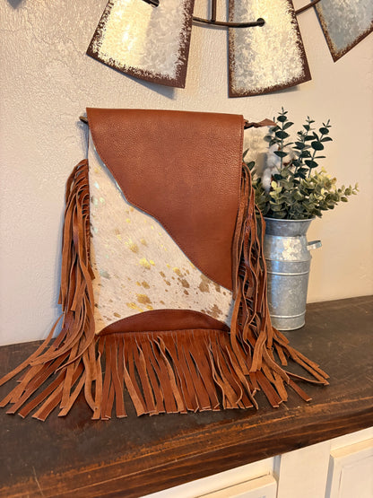 Gold Acid Wash Cowhide Crossbody with Fringe
