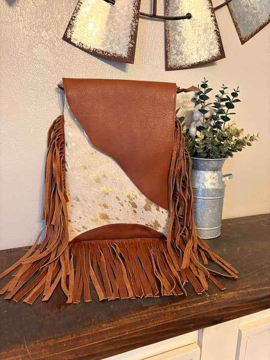 Gold Acid Wash Cowhide Crossbody with Fringe