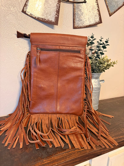 Gold Acid Wash Cowhide Crossbody with Fringe