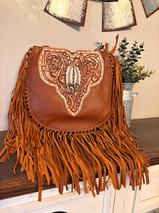 Tooled Leather Concealed Carry Crossbody with Fringe
