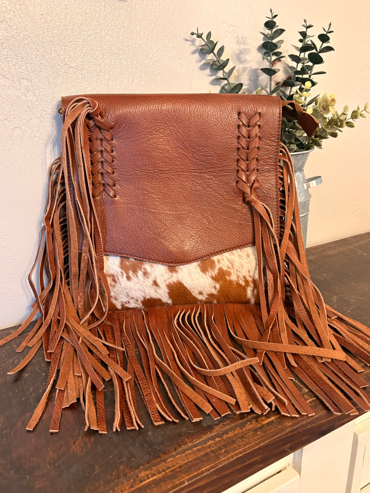 Brown Leather Fringe Cowhide Crossbody
