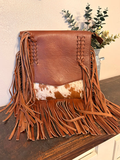 Brown Leather Fringe Cowhide Crossbody