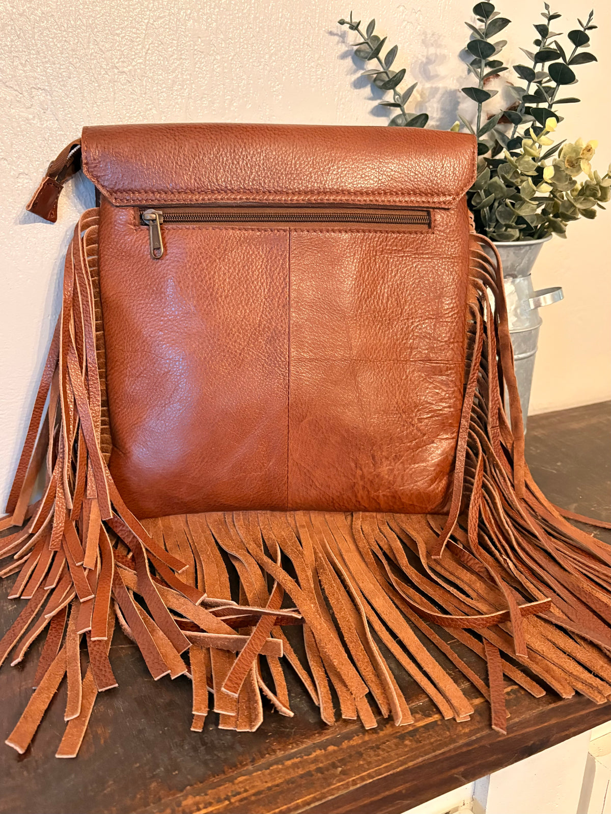 Brown Leather Fringe Cowhide Crossbody