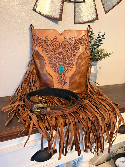 Brown Leather / Fringe Crossbody with Faux Turquoise Stone