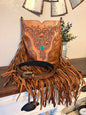 Brown Leather / Fringe Crossbody with Faux Turquoise Stone
