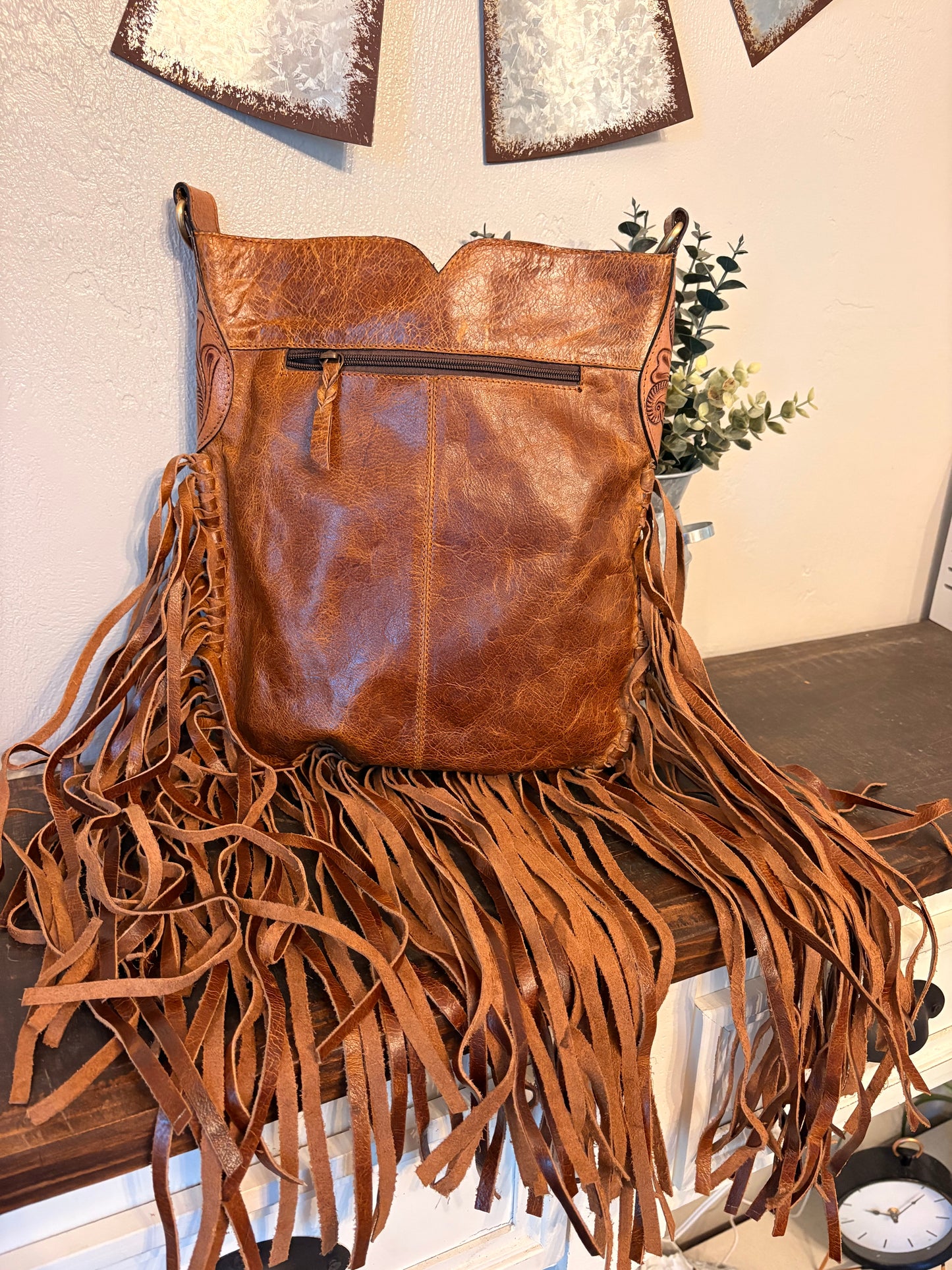 Brown Leather / Fringe Crossbody with Faux Turquoise Stone