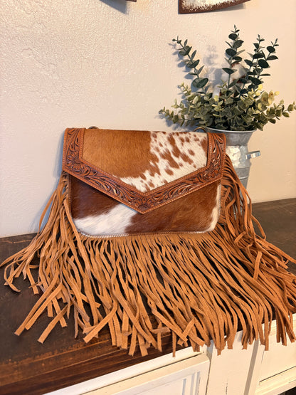 Brown Cowhide / Tooled Leather Crossbody with Fringe