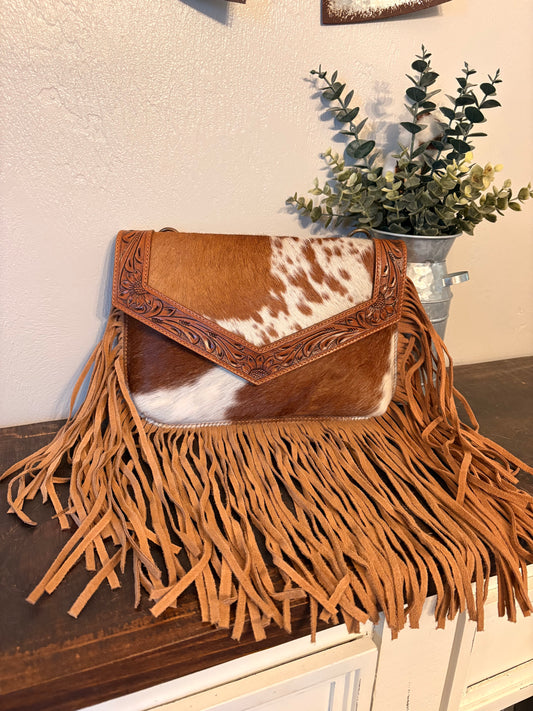 Brown Cowhide / Tooled Leather Crossbody with Fringe