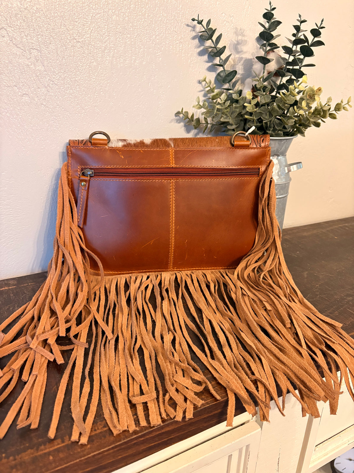 Brown Cowhide / Tooled Leather Crossbody with Fringe