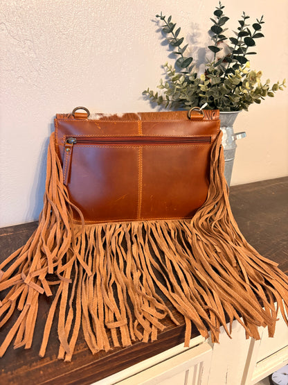 Brown Cowhide / Tooled Leather Crossbody with Fringe
