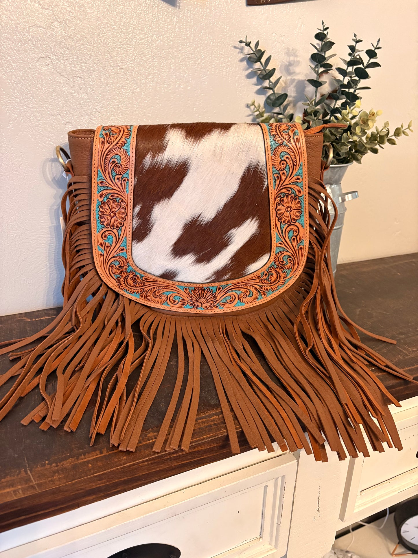 Tooled / Turquoise Leather Crossbody with Cowhide