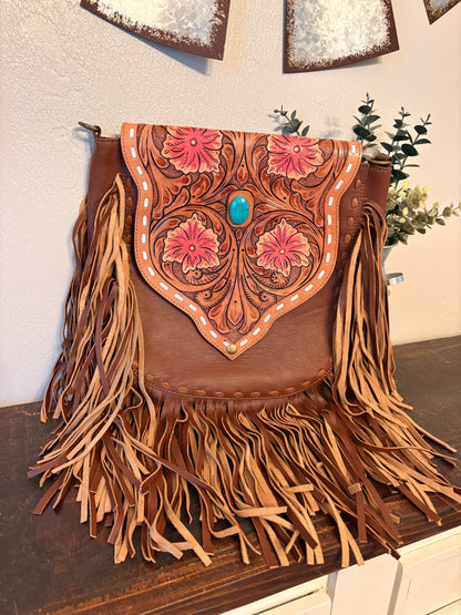 Tooled Leather Flower Crossbody with Fringe