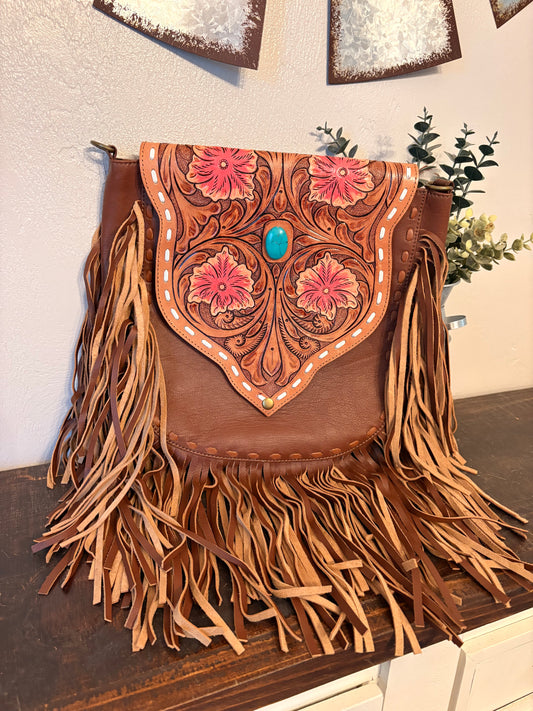 Tooled Leather Flower Crossbody with Fringe